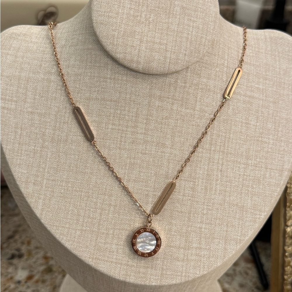 Roman Numeral Reversible Pendant Necklace (Gold/Rose Gold) with earrings